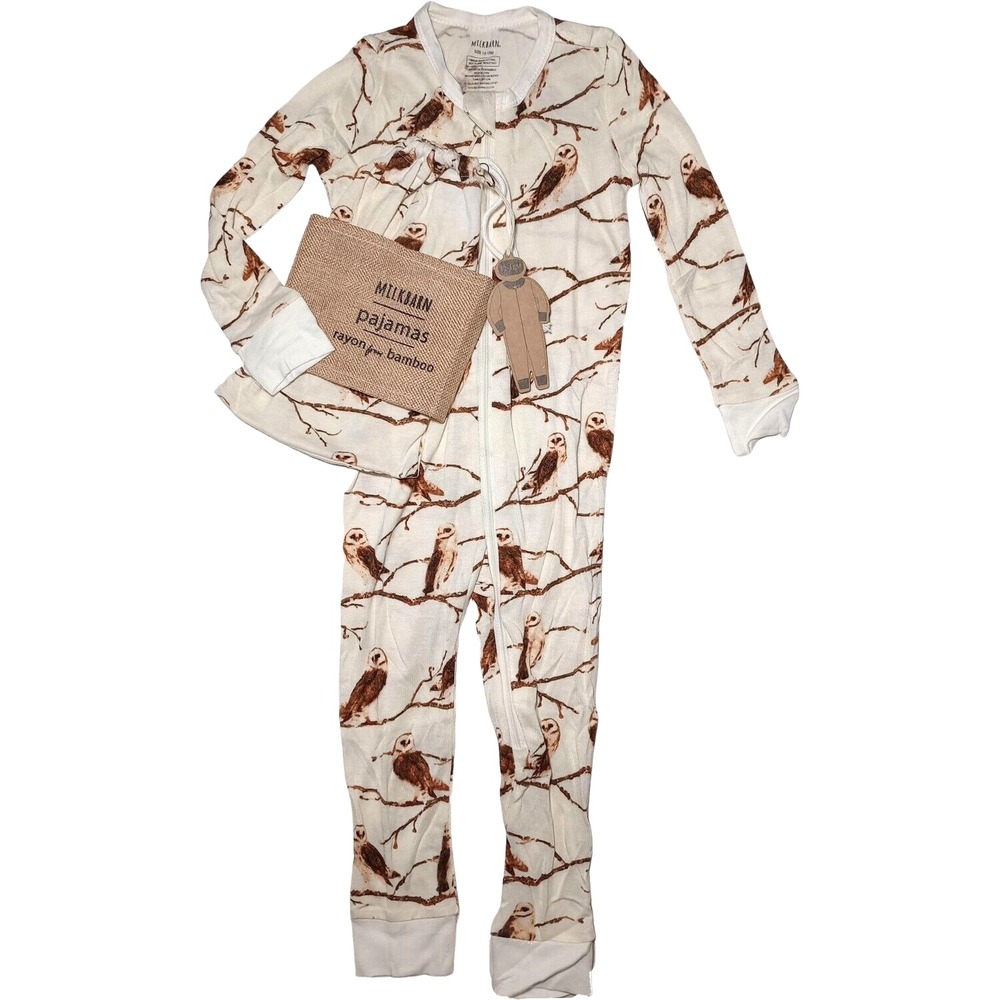MILKBARN Baby 12 18 Mos OWL Rayon Bamboo Pajamas 1pc Longall Beige Unisex Cream‎